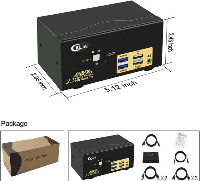 Alt view image 6 of 6 - CKLau 4K@60Hz 2 Port HDMI KVM Switch Triple Monitor with Audio, Cables and 2 USB 3.0 Hub for 2 Computers Sharing Keyboard Mouse, 3 Monitors and 2 Peripherals Devices Support Hotkey Switching