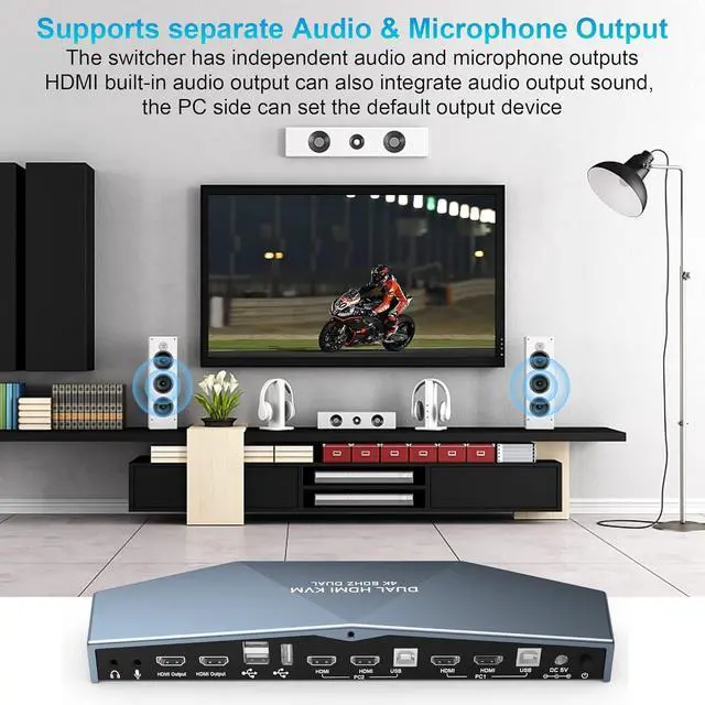 Alt view image 5 of 7 - Dual Monitor HDMI 2.0 KVM Switch 2 Port Extended Display 4K@60Hz, USB KVM Switch HDMI 2 in 2 Out with Audio Microphone Output and 3 USB 2.0 Hub, 2 HDMI Monitors 2 Computers Switch, with 2 USB Cables