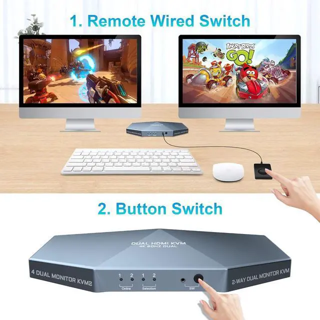Alt view image 6 of 7 - Dual Monitor HDMI 2.0 KVM Switch 2 Port Extended Display 4K@60Hz, USB KVM Switch HDMI 2 in 2 Out with Audio Microphone Output and 3 USB 2.0 Hub, 2 HDMI Monitors 2 Computers Switch, with 2 USB Cables