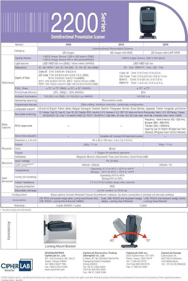 Alt view image 7 of 7 - CipherLab 2200 Series 2D Imager Omnidirectional Presentation Scanner w/USB Cable & Locking Mount