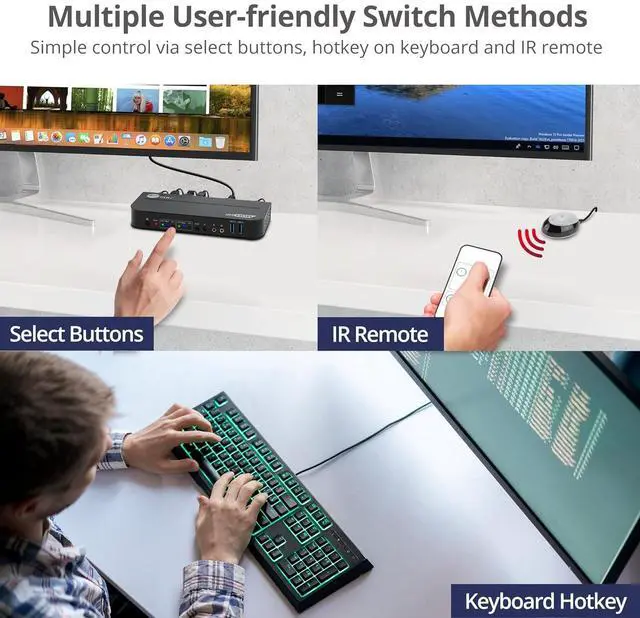 Alt view image 5 of 7 - SIIG 2-Port 4K KVM Switch DisplayPort with Remote Control, DP or HDMI Output, 2X USB 3.2 Type-A Ports, Support DisplayPort 1.4/1.2, EDID Bypass, Compatible with Windows and Mac (CE-KV0C11-S1)