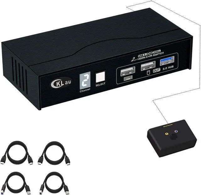 Main image of CKLau USB 3.0 2 Port HDMI KVM Switch 4K60Hz 2K144Hz with All Input Cables, Digital Display Support Manual Switching, Wired Remote Switching
