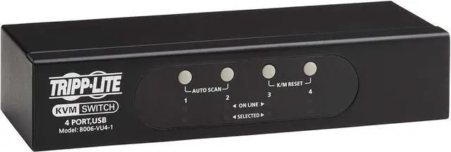 Main image of Tripp Lite 4-Port KVM Switch VGA with USB or PS/2 Port for Keyboard Mouse, Desktop PC, 4 Computers 1 Monitor, Plug and Play - Windows, macOS, Linux Compatible - 3-Year Warranty (B006-VU4-1)