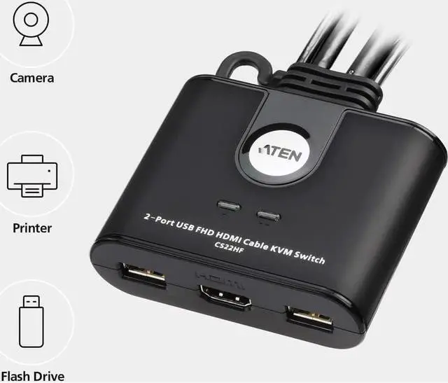 Alt view image 2 of 4 - ATEN CS22HF 2-Port USB FHD HDMI Cable KVM Switch - 2 Computer(s) - 1 Local User(s) - 1920 x 1200-4 x USB - 3 x HDMI - Desktop