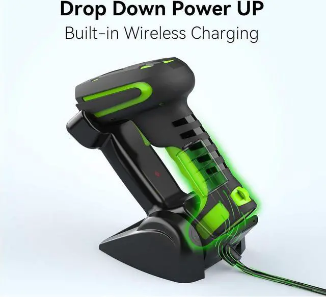Alt view image 4 of 6 - Upgraded 2D Industrial Barcode Scanner with Wireless Charging Stand, 1968 Feet Transmission Distance 433Mhz Wireless & Bluetooth 2in1 Barcode Reader, Shock Dust Proof Hands Free, Green
