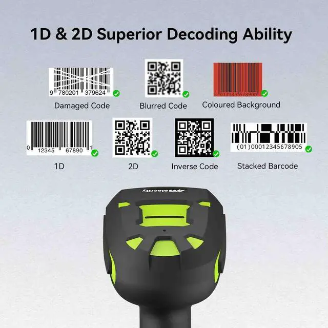 Alt view image 5 of 6 - Upgraded 2D Industrial Barcode Scanner with Wireless Charging Stand, 1968 Feet Transmission Distance 433Mhz Wireless & Bluetooth 2in1 Barcode Reader, Shock Dust Proof Hands Free, Green