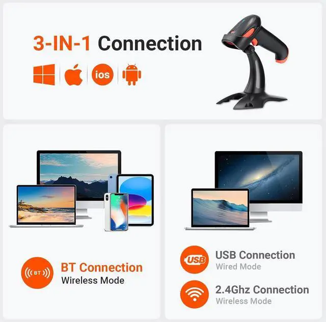 Alt view image 6 of 6 - Tera Pro 2023 Newest    Wireless 1D 2D QR Barcode Scanner, 3 in 1 Works with Bluetooth & 2.4G Wireless & USB Wired, Barcode Reader with Vibration Alert HW0002