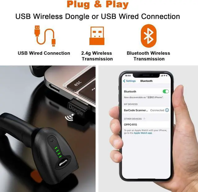 Alt view image 4 of 7 - Alacrity Wireless Bluetooth Barcode Scanner 1D Laser Cordless Barcode Scanner,Versatile One-to-one Mode or More-to-one Mode Handhold Bar Code Scanner with Battery Level Indicator