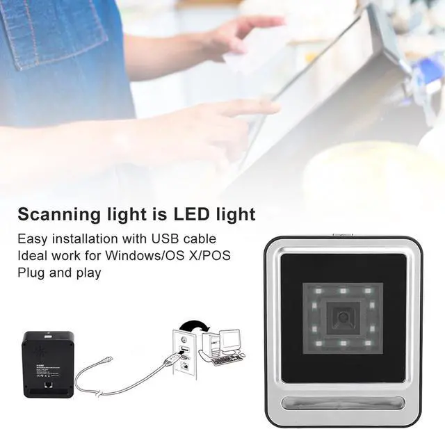 Alt view image 7 of 7 - Fixed Barcode Scanner, 1D QR 2D HandsFree Desktop Bar Code Scanner Omnidirectional Barcode Reader with USB Cable LED Light for Library, Retail Store (Silver)