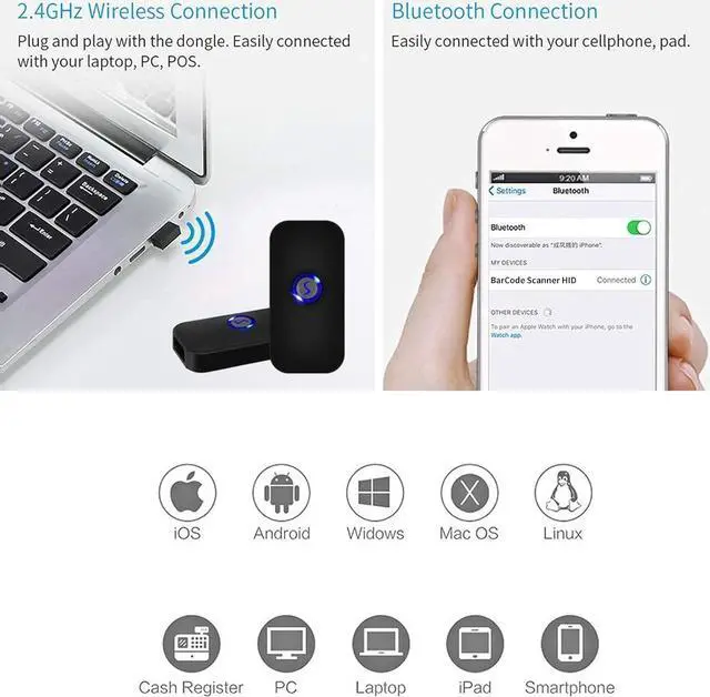 Alt view image 2 of 7 - Save 15% on Alacrity Bluetooth Barcode Scanner Portable 1D USB Laser Mini Bar Code Reader + Handsfree 2D Omnidirectional Barcode Scanner