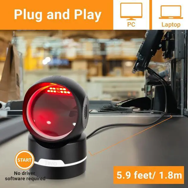 Alt view image 5 of 7 - Tera Pro 2D QR 1D Omnidirectional Barcode Scanner, Recognition in Any Environment, Hands-Free USB Wired Bar Code Reader Platform Scanner for POS Retail Store, 9500