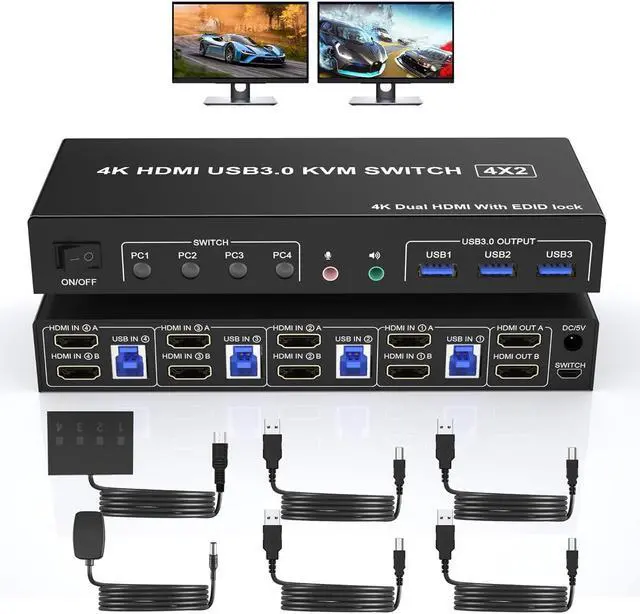 Main image of Ennovor USB 3.0 KVM Switch HDMI Dual Monitors 4 Computers, 4K@60Hz HDMI Dual Monitor Switch for 4 PCs with Audio Output and 3 USB 3.0 Ports, 4 Port HDMI KVM Switch Input Supports EDID Emulators