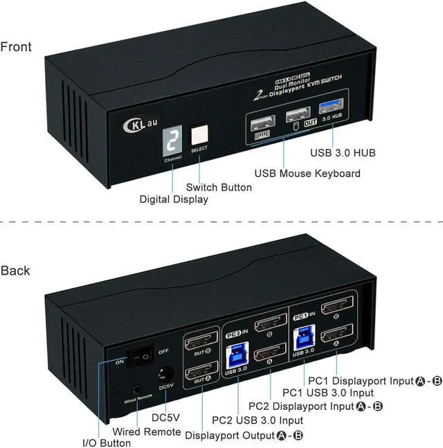 Alt view image 3 of 6 - CKLau USB 3.0 2 Port Displayport KVM Switch 2 Monitor 2 Computers 4K60Hz 2K144Hz with Cables, DP 1.2 KVM Dual Monitor Keyboard Mouse Video Peripheral Switcher Box