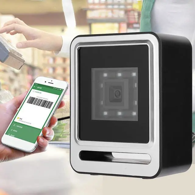 Alt view image 5 of 7 - Fixed Barcode Scanner, 1D QR 2D HandsFree Desktop Bar Code Scanner Omnidirectional Barcode Reader with USB Cable LED Light for Library, Retail Store (Silver)