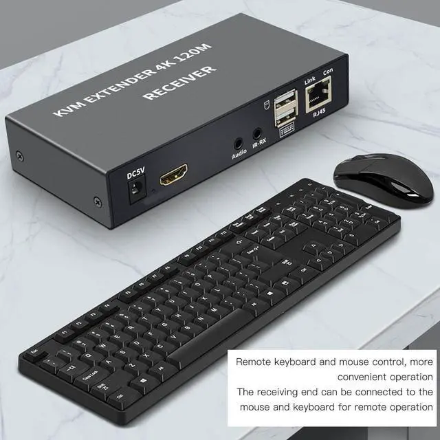 Alt view image 4 of 7 - Ennovor 4K KVM Switch, USB KVM Extender Cat5e/6 Up to 120M Plug and Play Infrared Single Network Extender for Keyboard, Mouse, Computer Host, Laptop, PS3,4(US Plug)
