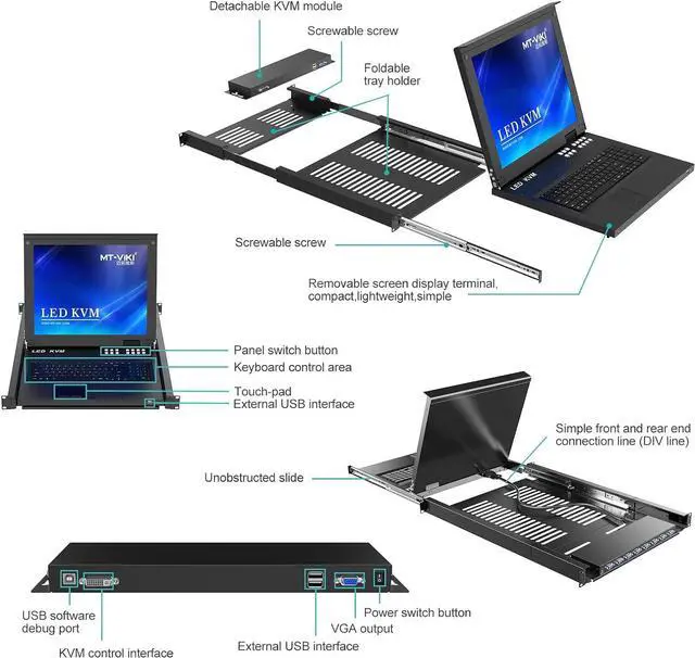 Alt view image 4 of 7 - MT-Viki 8 Port VGA KVM Switch w/17'' LCD Monitor, 1U Rack Mount Monitor KVM Console Support OSD/Hotkey/Button, Monitor+Keyboard+Touch-pad+Drawer+KVM Cables