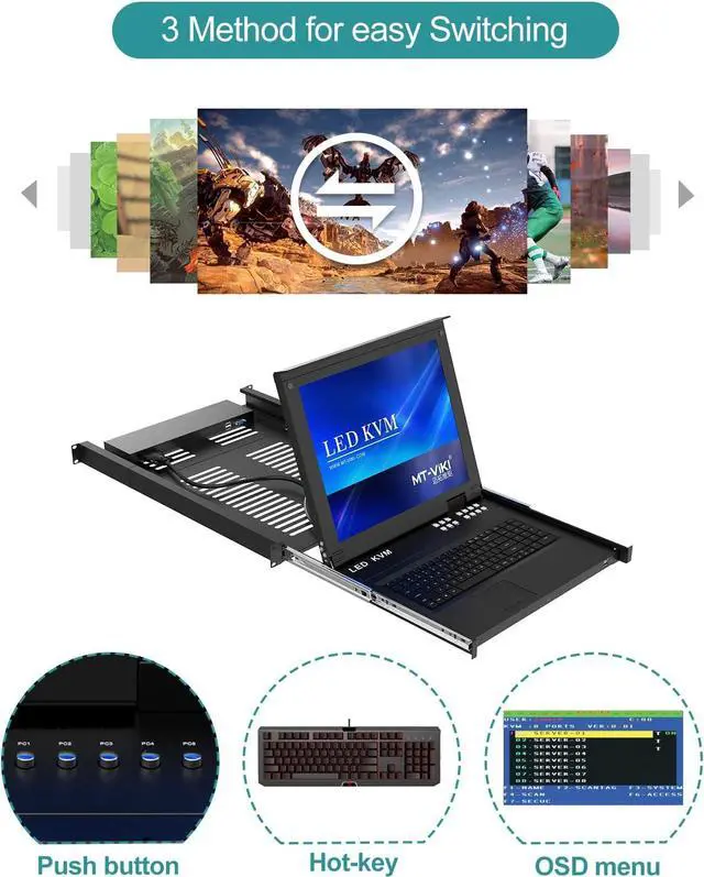 Alt view image 7 of 7 - MT-Viki 8 Port VGA KVM Switch w/17'' LCD Monitor, 1U Rack Mount Monitor KVM Console Support OSD/Hotkey/Button, Monitor+Keyboard+Touch-pad+Drawer+KVM Cables