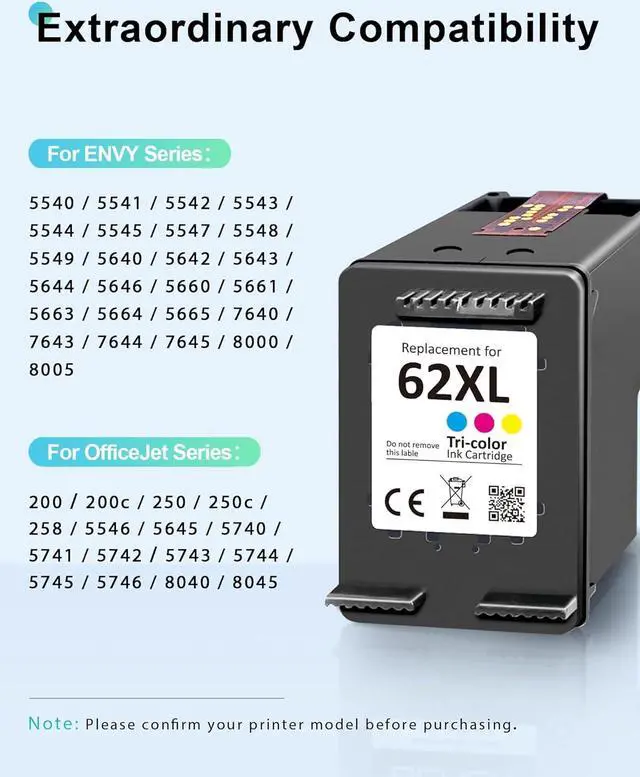 Alt view image 2 of 7 - 62XL Ink Cartridge Black and Color Combo Pack High Yield Replacement  62 Ink 62XL for Envy 7640 7645 5660 5642 5540 for OfficeJet 8040 5746 5745 5740 5740 258 250 200 Printer (1 Black,1 Color)
