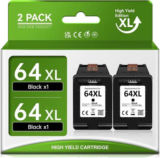 Main image of Printer Ink 64  64XL Black Ink Cartridge 2 Pack, Fit for Envy Photo 7855 7155 6255 7164 6222 6252 7134 7830 7864 7800 6230 6220 6234 7100 7120 7858 Tango X Smart All-in-One Printer