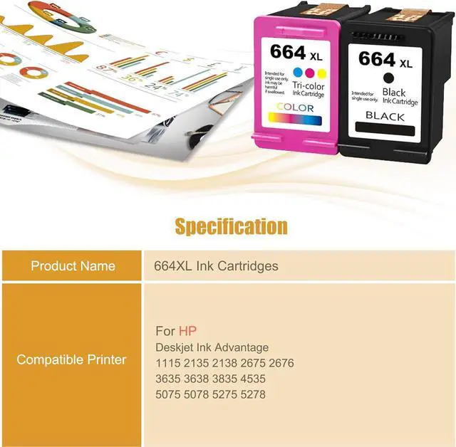 Alt view image 2 of 7 - 664XL High Yield Ink Cartridges, Compatible  Deskjet Ink Advantage 1115 2135 2138 2675 2676 3635 3638 3835 4535 5075 5078 5275 5278 Printers - Estimated Yield 600 Pages (1 Black+1 Tri-Color)