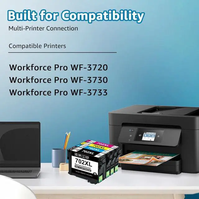 Alt view image 2 of 7 - 702 702XL Ink Cartridges High Capacity Compatible for Epson T702 T702XL 702XL 702 XL Ink Cartridges Combo Pack for Workforce Pro WF-3720 WF-3730 WF-3733 Printer (Black, Cyan, Magenta, Yellow, 4-Pack)