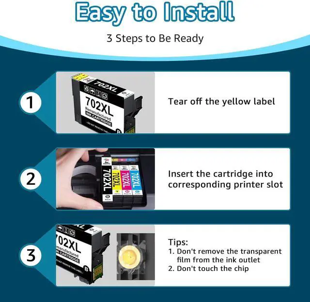 Alt view image 6 of 7 - 702 702XL Ink Cartridges High Capacity Compatible for Epson T702 T702XL 702XL 702 XL Ink Cartridges Combo Pack for Workforce Pro WF-3720 WF-3730 WF-3733 Printer (Black, Cyan, Magenta, Yellow, 4-Pack)