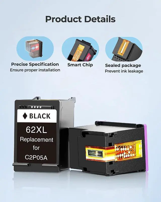 Alt view image 6 of 6 - 62XL Ink Cartridge Combo Pack Black & Color Replacement  62 XL, 62XL Remanufactured Ink Work with Envy 5540, 5660, 7640, 7645 Series, OfficeJet 5740, 5745 Series (2-Pack)