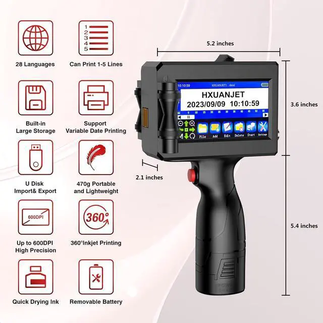 Alt view image 3 of 6 - HXUANJET Handheld Inkjet Printer HX127 with 42ml Quick-Drying Ink Cartridge Portable Handheld Printer for Text/Barcode/Logo/QRCode/Date/Batch Number/Counter etc (Printing Height is 0.08-0.5Inch)