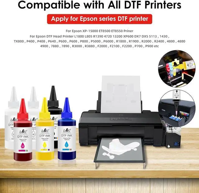 Alt view image 3 of 5 - L&C DTF Ink, DTF Transfer Ink Refill for et-8550 D570 R1390 All DTF Printers, Heat Transfer Printing Ink Set 100ml X 6