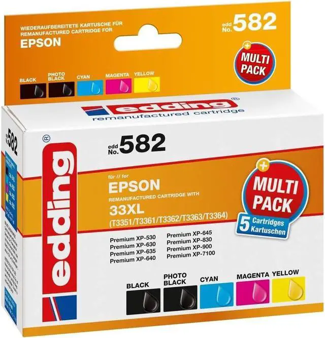 Main image of edding EDD-582 Ink Cartridge Multipack 5  Black, Photo Black, Cyan, Magenta, Yellow  1 x 15 ml + 4 x 11 ml  2 x 640 3 x 650 Pages  Replaces Epson T33XL (T3351/61/62/63/64)