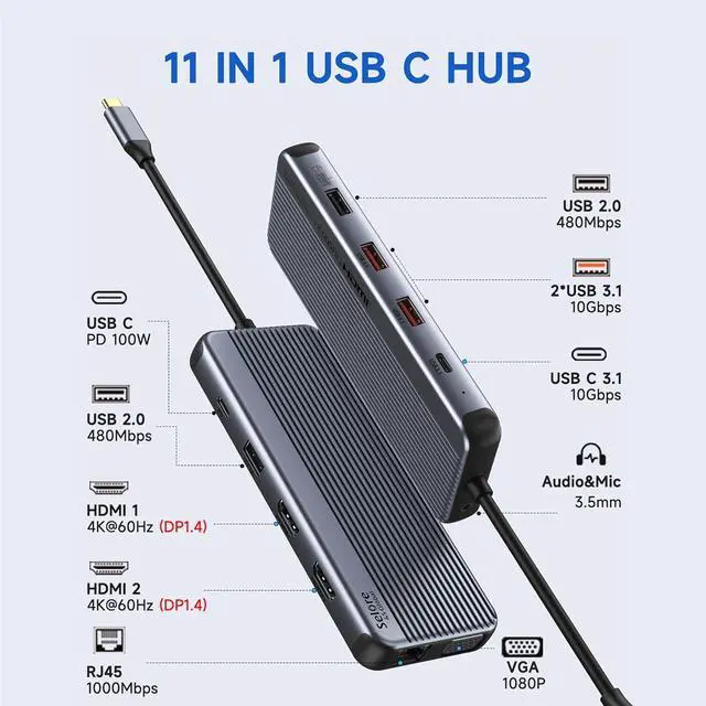 Alt view image 2 of 7 - 3 Monitor USB C Docking Station Laptop Docking Station 2 HDMI Triple Dispaly Dual HDMI USB C Hub Multi Monitor Adapter with 2 4K HDMI VGA PD 100W 10Gb USB C/A Ethernet Audio for Dell HP Lenovo Surface