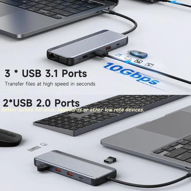Alt view image 5 of 7 - 3 Monitor USB C Docking Station Laptop Docking Station 2 HDMI Triple Dispaly Dual HDMI USB C Hub Multi Monitor Adapter with 2 4K HDMI VGA PD 100W 10Gb USB C/A Ethernet Audio for Dell HP Lenovo Surface