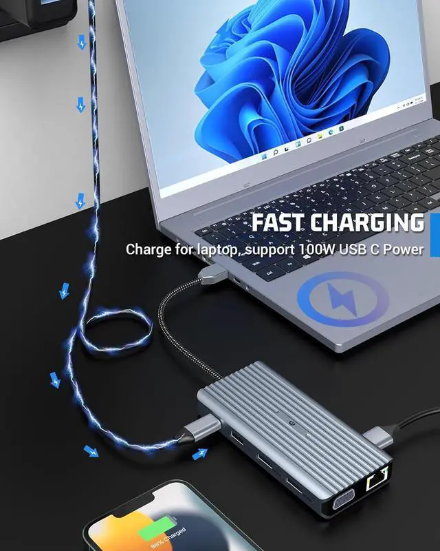 Alt view image 4 of 7 - 12 in 1 USB C Hub, USB C Docking Station, Three Displays via VGA, 2 * HDMI, Mac Pro/Air USB C Adapter(USB A 3.0,1G Ethernet,PD 100W,3.5mm mic,SD/TF Reader) Dongle for Dell,HP,Lenovo
