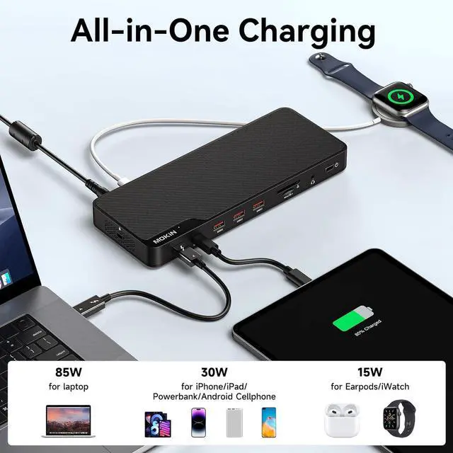 Alt view image 6 of 7 - MOKiN Thunderbolt 4 Dock - 16 Ports, Laptop Docking Station Dual Monitor for MacBook, Docking Station 3 Monitors for Windows with 150W DC Power,TB4 Cable,2.5 Gigabit EthernetThunderbolt Certified