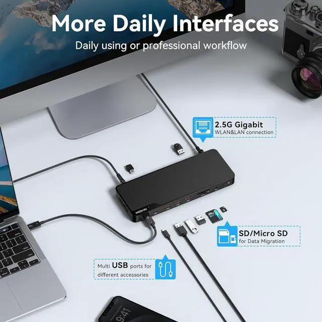 Alt view image 7 of 7 - MOKiN Thunderbolt 4 Dock - 16 Ports, Laptop Docking Station Dual Monitor for MacBook, Docking Station 3 Monitors for Windows with 150W DC Power,TB4 Cable,2.5 Gigabit EthernetThunderbolt Certified