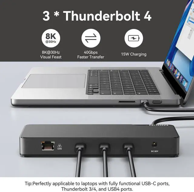 Alt view image 5 of 7 - MOKiN Thunderbolt 4 Dock with 85W Charging, Laptops Docking Station Dual Monitor for MacBook, 3X TB4 Ports 40Gb/s, USB-A/C, 2.5GbE Ethernet, Audio,SD