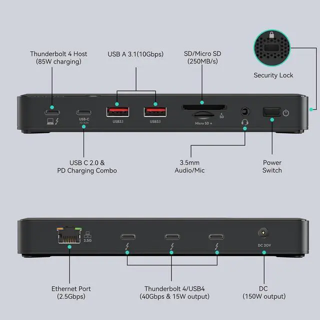 Alt view image 2 of 7 - MOKiN Thunderbolt 4 Dock with 85W Charging, Laptops Docking Station Dual Monitor for MacBook, 3X TB4 Ports 40Gb/s, USB-A/C, 2.5GbE Ethernet, Audio,SD