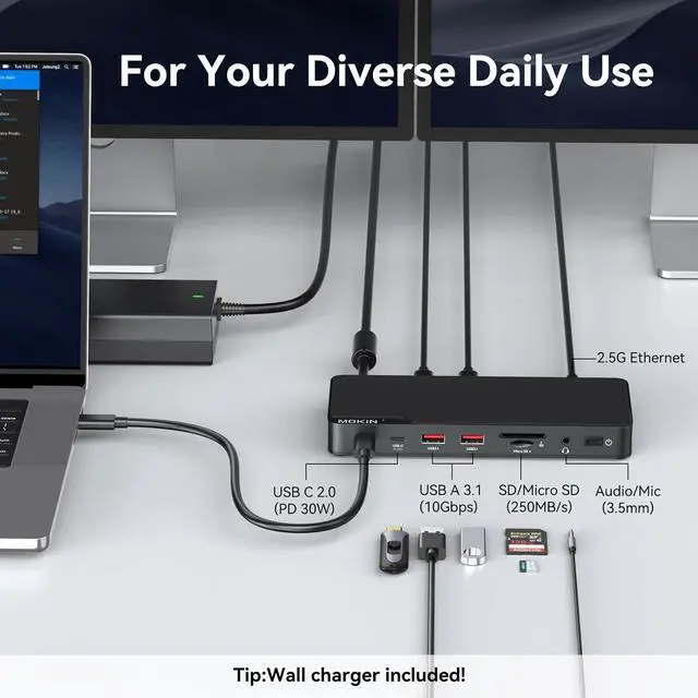 Alt view image 7 of 7 - MOKiN Thunderbolt 4 Dock with 85W Charging, Laptops Docking Station Dual Monitor for MacBook, 3X TB4 Ports 40Gb/s, USB-A/C, 2.5GbE Ethernet, Audio,SD