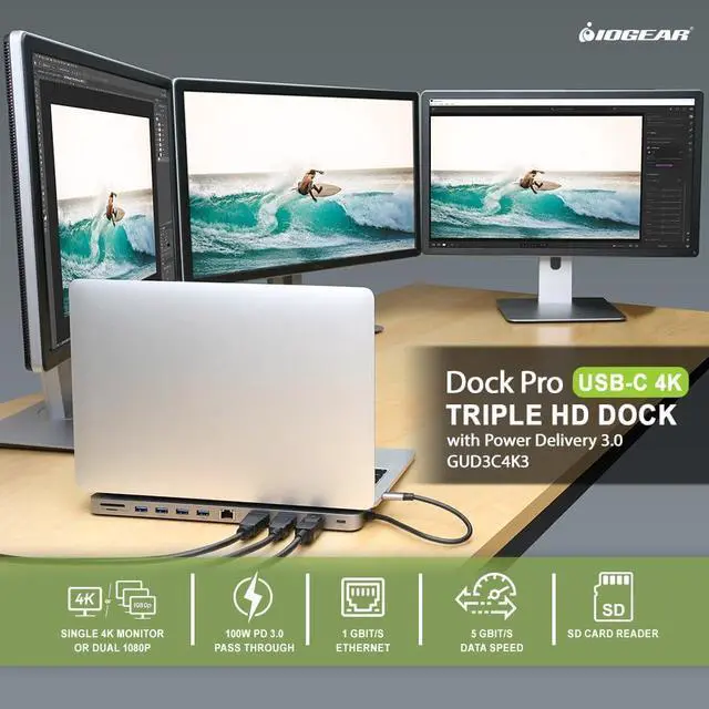 Alt view image 3 of 7 - USB-C Triple Display Dock Station - 4K 60Hz - 2 HDMI - 1 DisplayPort - 4 USB 3.0 - Ethernet - 3.5mm Audio - USB-C 100W PD - MacBook Pro/Air Thunderbolt 3 - Type C Laptop - GUD3C4K3