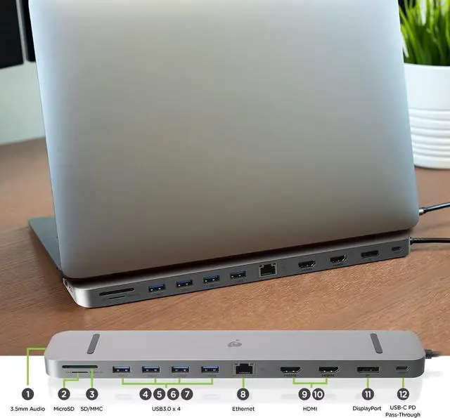 Alt view image 4 of 7 - IOGEAR USB-C Triple Display Dock Station - 4K 60Hz - 2 HDMI - 1 DisplayPort - 4 USB 3.0 - Ethernet - 3.5mm Audio - USB-C 100W PD - MacBook Pro/Air Thunderbolt 3 - Type C Laptop - GUD3C4K3