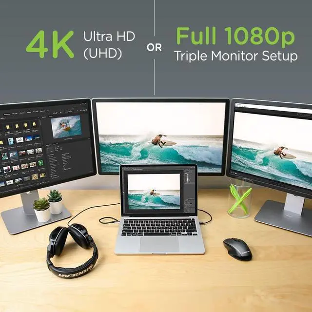 Alt view image 5 of 7 - USB-C Triple Display Dock Station - 4K 60Hz - 2 HDMI - 1 DisplayPort - 4 USB 3.0 - Ethernet - 3.5mm Audio - USB-C 100W PD - MacBook Pro/Air Thunderbolt 3 - Type C Laptop - GUD3C4K3