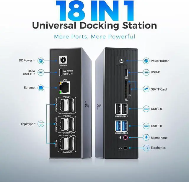 Alt view image 5 of 7 - UtechSmart 3 Monitor 18 in 1 Docking Station 4K@60Hz Thunderbolt 3/4 USB-C Windows & MacBook Grey
