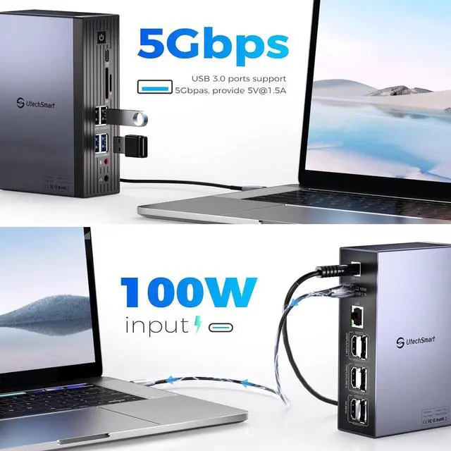 Alt view image 7 of 7 - UtechSmart 3 Monitor 18 in 1 Docking Station 4K@60Hz Thunderbolt 3/4 USB-C Windows & MacBook Grey