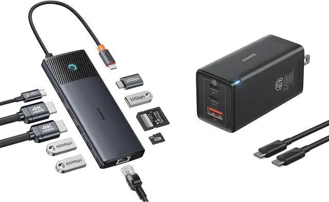 Main image of Baseus Docking Station Dual Monitor,10Gbps 10 in 1 Docking Station & USB C Charger, Baseus 65W USB C Wall Charger, 3 Ports Foldable GaN Charger, Fast Charger Block for iPhone