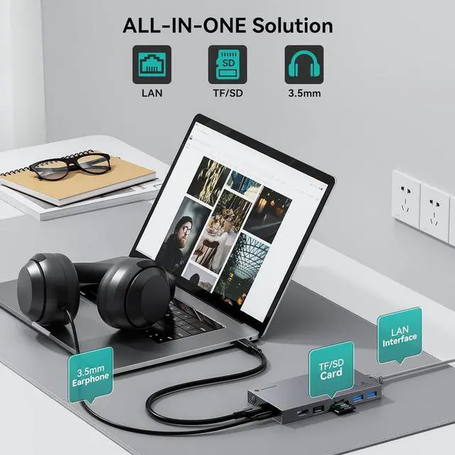 Alt view image 7 of 7 - Yottamaster Aluminum USB C Hub with M.2 NVMe SSD Enclosure, 10-in-1 USB C Docking Station 10Gbps for NVMe PCI-E M.2 SSD, Support 100W Charging, 4K HDMI, RJ45, 4 USB Ports, Audio, SD/TF Card Reader
