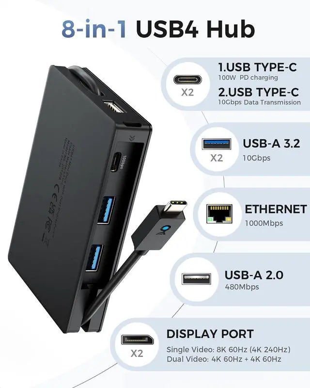 Alt view image 3 of 7 - Cable Matters 1-Pack 8-in-1 Portable 40Gbps USB4 Hub (USB 4 Dock) Dual DisplayPort 4K, Single DisplayPort 8K, 100W PD, Gigabit Ethernet & [VESA Certified] 2-Pack 6 ft DisplayPort Cable 1.4