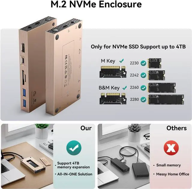 Alt view image 2 of 7 - Yottamaster Aluminum USB C Hub with M.2 NVMe SSD Enclosure, 10-in-1 USB C Docking Station 10Gbps for NVMe PCI-E M.2 SSD, Support 100W Charging, 4K HDMI, RJ45, 4 USB Ports, Audio, SD/TF Card Reader