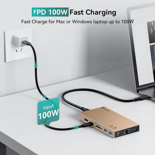 Alt view image 6 of 7 - Yottamaster Aluminum USB C Hub with M.2 NVMe SSD Enclosure, 10-in-1 USB C Docking Station 10Gbps for NVMe PCI-E M.2 SSD, Support 100W Charging, 4K HDMI, RJ45, 4 USB Ports, Audio, SD/TF Card Reader