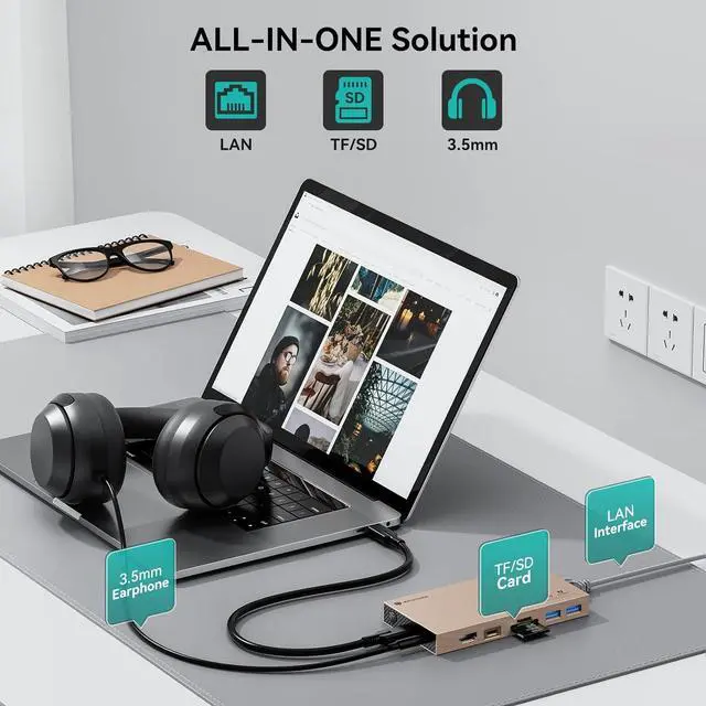 Alt view image 7 of 7 - Yottamaster Aluminum USB C Hub with M.2 NVMe SSD Enclosure, 10-in-1 USB C Docking Station 10Gbps for NVMe PCI-E M.2 SSD, Support 100W Charging, 4K HDMI, RJ45, 4 USB Ports, Audio, SD/TF Card Reader