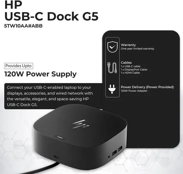 Alt view image 3 of 7 - HP Docking Station for Laptop Dual Monitor and Charging Bundle - HP USB-C G5 Dock 5TW10AA / 5TW10UT / 5TW10AA#ABB with 120W Adapter, HDMI, DisplayPort, USB-C Cables & Microfiber Cleaning Cloth